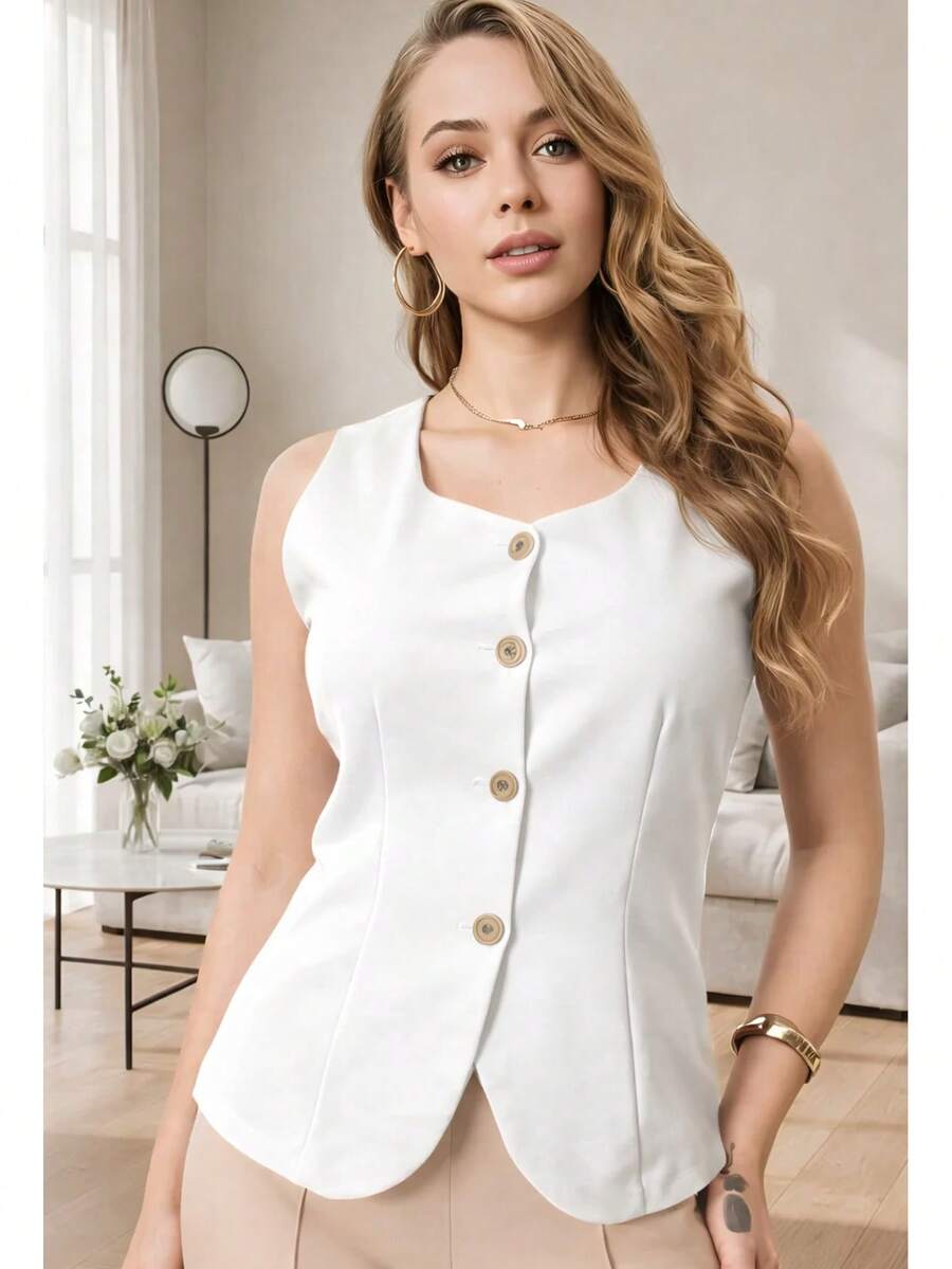 Women's Tailored Premium Vest With Wide Straps, Square Neck, And Front Button Closure. - trắng - Xem 1
