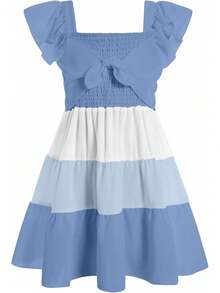 Square Neck Ruffle Sleeve Dress For Girls - Sweet A-Line Swing Dress For Tweens, Casual & Special Occasions - 白色藍色 - 查看 1