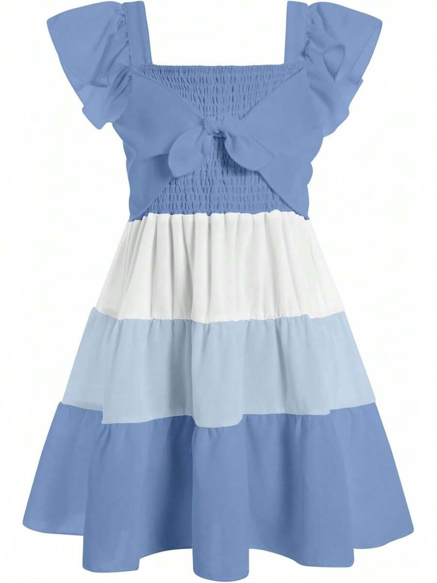 Square Neck Ruffle Sleeve Dress For Girls - Sweet A-Line Swing Dress For Tweens, Casual & Special Occasions - 白色藍色 - 查看 1