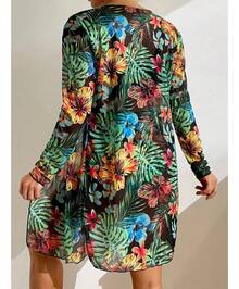 Conjunto de Maiô Biquíni Feminino+Saída De Praia Quimono,3 conjuntos de Biquíni com Estampa de Plantas e Kimono para o Verão na Praia - Preto-1 - Visão 3