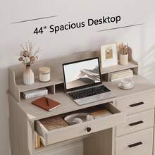 Computer Desk With 4 Drawers And Hutch, Home Office White Writing Desk With File Drawer And Shelves For Small Spaces, Small Desk Study Table For Bedroom, White/ Beige/ Grey/ Brown - 米色 - 查看 3
