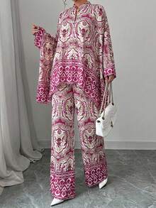 Women's Bohemian Style Casual 2 Pieces Set, Including Button-Down Shirt And Non-Stretch Pants - Burgundy - View 1