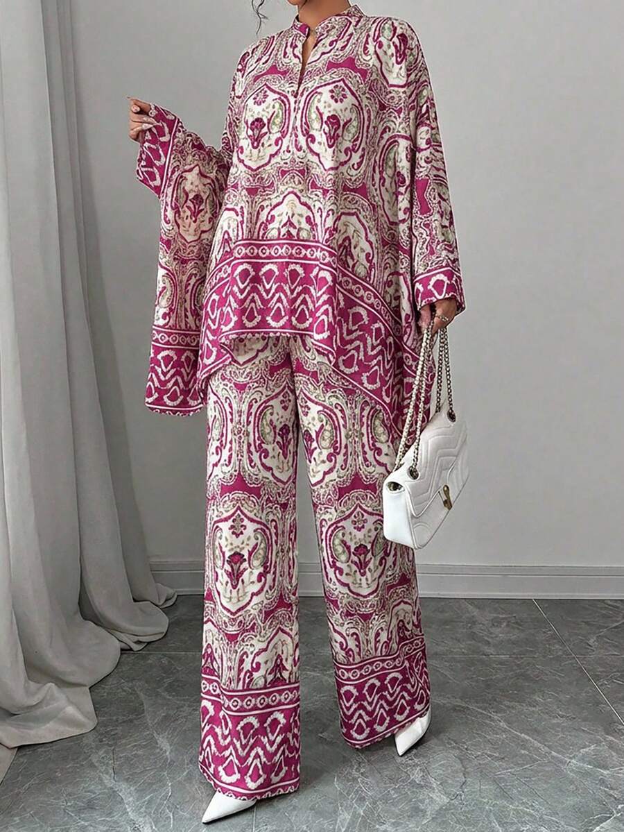 Women's Bohemian Style Casual 2 Pieces Set, Including Button-Down Shirt And Non-Stretch Pants - Burgundy - View 1