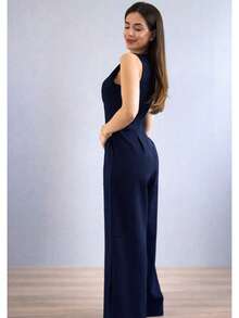 Long Wrap Jumpsuit With V-Neck - Azul Marino - Ver 3