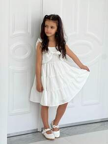 Square Neck Ruffle Sleeve Dress For Girls - Sweet A-Line Swing Dress For Tweens, Casual & Special Occasions - 白色 - 查看 3