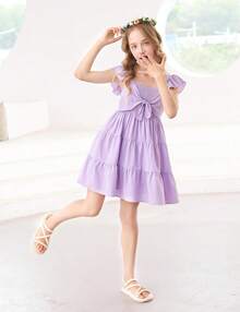 Square Neck Ruffle Sleeve Dress For Girls - Sweet A-Line Swing Dress For Tweens, Casual & Special Occasions - 紫色 - 查看 4