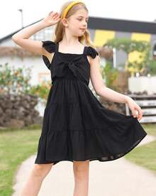 Square Neck Ruffle Sleeve Dress For Girls - Sweet A-Line Swing Dress For Tweens, Casual & Special Occasions - 黑色 - 查看 4