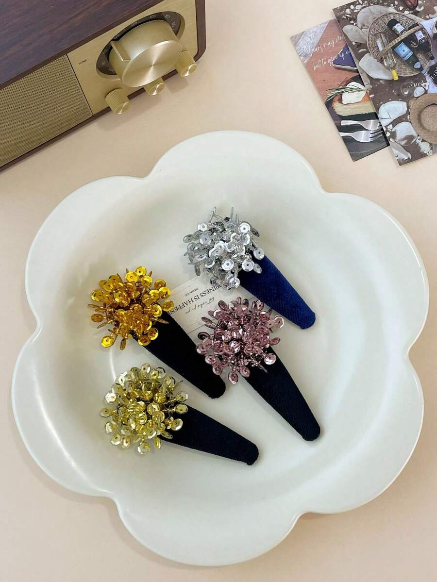 1件金色闪亮亮片BB夹新款中国风新年头饰奢华天鹅绒侧夹 - 彩色 - 查看 1