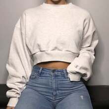 Women's Basic Cropped Sweatshirt With Crew Neck, Polyester Knit, Pleated Style, For Everyday Wear. - 白色 - 查看 1
