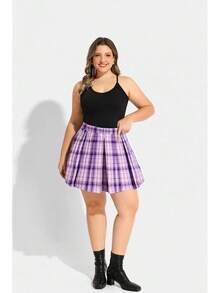 Plus Size Basic Versatile Stretchy Elastic Waist Flared Casual Mini Skater Skirt/Pleated Plaid Skirt For Women XL-5XL - A02-a261-màu tím - Xem 2