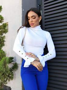 Women's Knit Blouse With Flare Sleeves And Button Detail - White - View 2