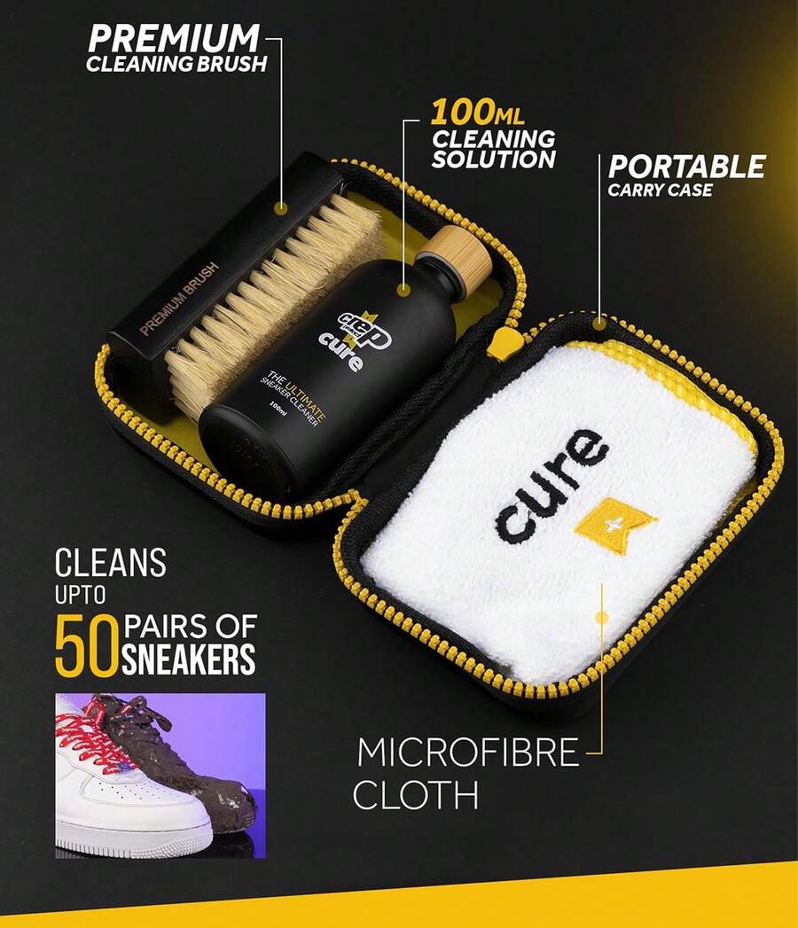 Crep Protect CURE Kit - Premium Sneaker Cleaning Kit, With Brush, Solution (100ml), Microfibre Cloth And Reusable Pouch - Crep Cure Travel-u - View 1
