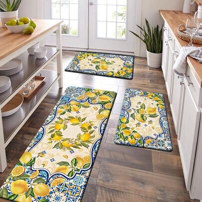 Kitchen Rug  Lemon Pattern Tile Design Decorative Floor Mat For Living Room Bedroom Kitchen Dining Room Entryway Bathroom Laundry Room Non Slip Backing Home Decor Suitable For Spring And Summer Use