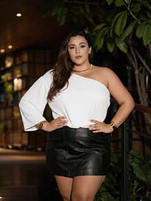 Women's Plus Size Brown One-Sleeve Blouse, Boho Style, Adjustable Elastic Waistband, Godet Sleeves, Cropped Top, Loose Fit, Casual And Elegant. - 白色 - 查看 3