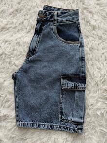 Women's High-Waisted Wide-Leg Cargo Denim Shorts In Graphite. - Azul lavado medio - Ver 5