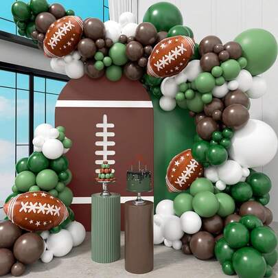 125 piezas Juego de arco de globos con temática de rugby, incluye globos de aluminio de rugby y globos de látex en verde oscuro, verde claro, blanco y marrón. Perfecto para fiestas de cumpleaños, baby showers, fiestas al aire libre, eventos deportivos y decoraciones de fiestas con temática de rugby.