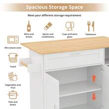 Large 132.5cm Mobile Kitchen Table With Foldable Countertop, Oak Wood Grain, Multifunctional Cabinet, Spice Rack, Towel Holder & 5 Lockable Casters For Kitchen Dining And Home Use - White + Natural Color - View 2