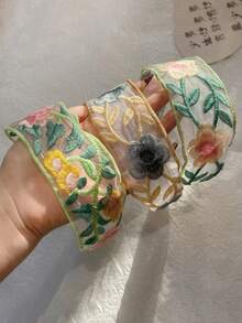 3pcs French Romantic Embroidered Mesh Headbands, Lace Trim Wide Hair Hoops, Soft & Versatile Hair Accessories - Multicolor - View 12