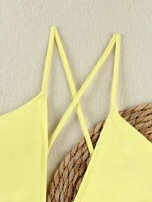 新款春夏休闲性感优雅时尚女式黄色纯色镂空设计挂脖连体泳衣，含沙滩罩裙套装，适合海滩、度假、派对等场合。 - 黃色 - 查看 4