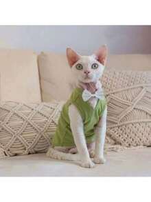 Hairless Cat/Dog Clothes, Thin Bow V-Neck Casual Undershirt - Green - View 5