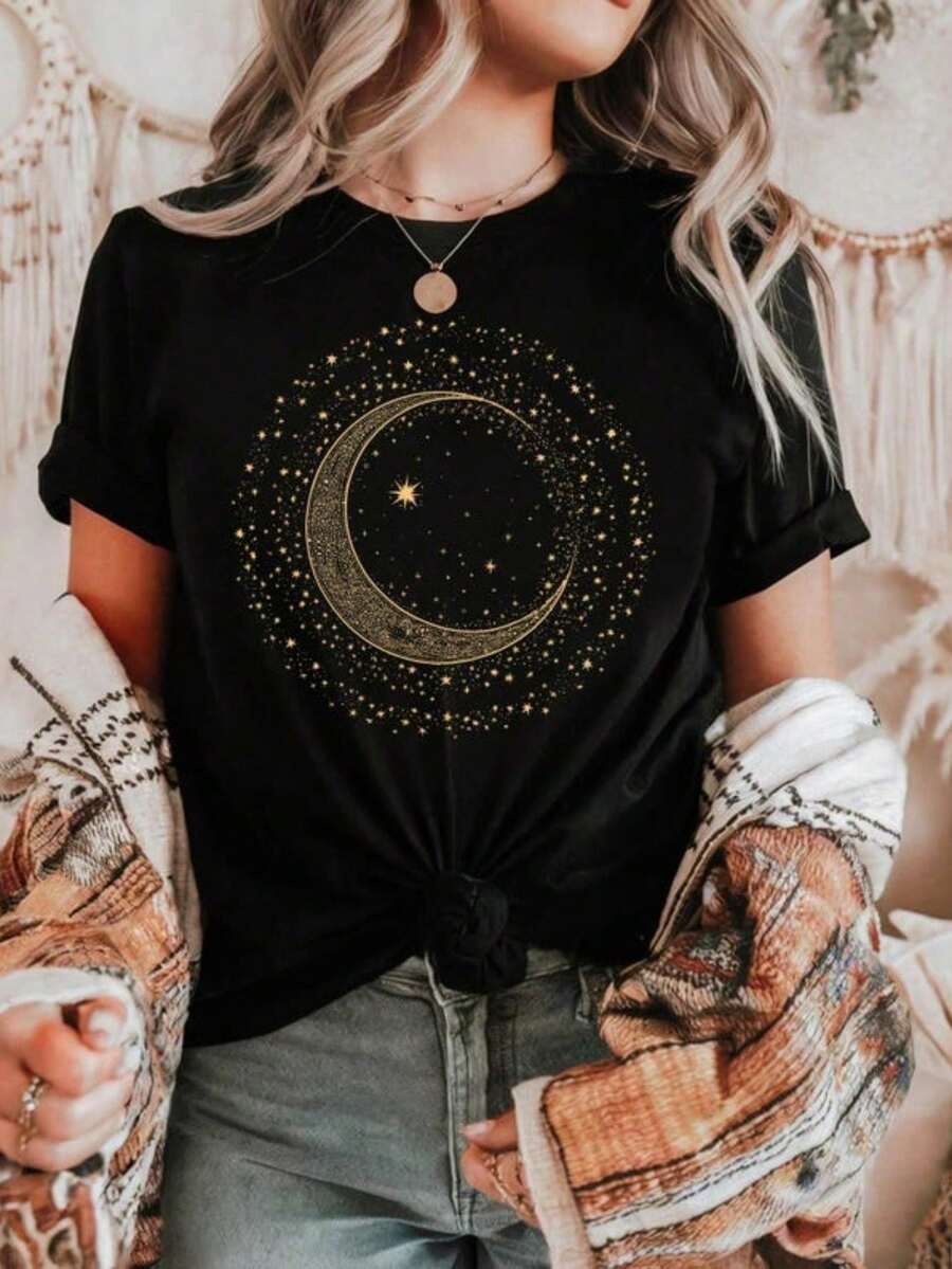 Stylish Women's T-Shirt With Moon Circle And Stardust Print - New Release - 100% Cotton T-Shirt - Loose, Oversized, Plus Size - 黑色 - 查看 1