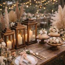 Set Of Three Rustic Pine Wood Cake Stands + Set Of Three Moroccan Lanterns - Party Decoration Kit - 蛋糕架三件組 + 檯燈三件組 - 查看 2