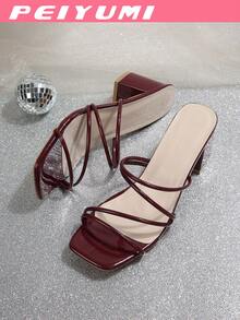 法国夏季新款女士高跟鞋，材质亮丽柔软，粗跟设计，简约时尚优雅的仙女风格，适合派对和聚会。 - 酒紅色 - 查看 8