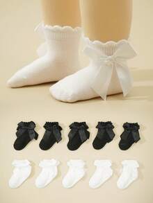 5 Pairs Random Children Socks With Bow Tie, Black & White, Basic Versatile Casual Socks For Back To School Season - Black and White - View 12