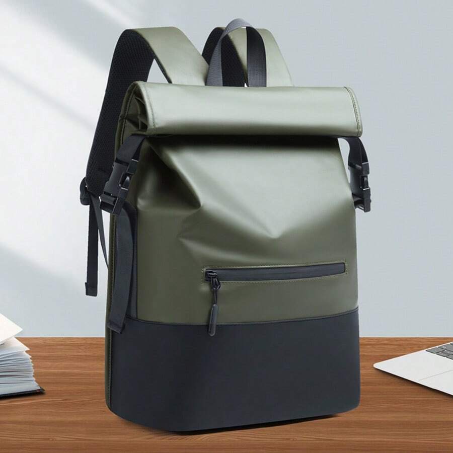 New Black Waterproof Flap Cover Backpack For Men, Business Travel Commute Office Laptop Bag, Leisure Outdoor Fitness Bookbag, Middle School Student Gift Bag School Bags Large Capacity Bag Travel Bags Office Bag Waterproof Backpack Laptop Case - 墨綠色 - 查看 1