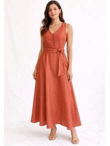 Elegant Casual Knot With Buttons In The Front And Belt For Weddings - Màu Cam cháy - Xem 1