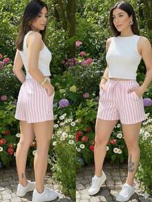 Striped Linen Shorts With Lined Pockets, Home, Beach, Night, Daily, Summer - Baby Pink - View 2