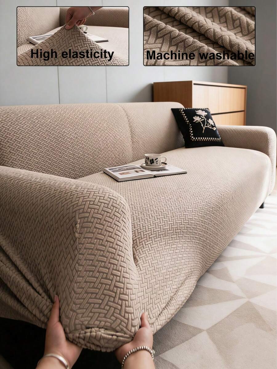 1pc Solid Color Jacquard Stretch Fitted Sofa Cover, Pet-Friendly Non-Slip Anti-Fouling Anti-Scratch, Suitable For All Seasons Spring/Summer/Autumn/Winter, Machine Washable, Home Decor