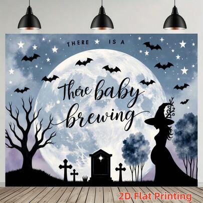 1pc 2D Printed Halloween Witch Pregnant Mom Theme Photography Backdrop, Suitable For Halloween Themed Maternity Photos, Witch-Style Baby Shower, Holiday Portraits, Featuring Silhouette Of Witch, Bats, Tombstones, And "There Baby Brewing" Text To Create A Mysterious Yet Cozy Atmosphere