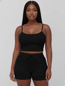 Curvy Rib Knit Camisole Crop Top And Shorts Two Piece Set Elegant Party Boho Style Plus Size Outfit - 黑色 - 查看 1