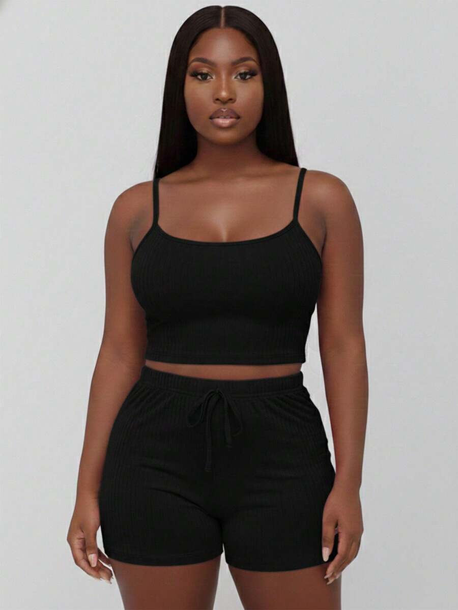 Curvy Rib Knit Camisole Crop Top And Shorts Two Piece Set Elegant Party Boho Style Plus Size Outfit - 黑色 - 查看 1