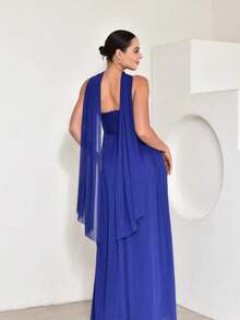 Long Dress With Cape For Wedding, Evening, Or Graduation. - Royal Blue - View 2
