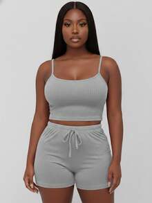Curvy Rib Knit Camisole Crop Top And Shorts Two Piece Set Elegant Party Boho Style Plus Size Outfit - 灰色 - 查看 1