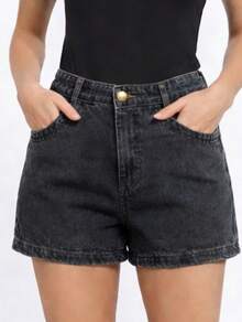 Short Jeans Feminino Cintura Alta Barra Dobrada Casual Verão - Preto - Visão 1