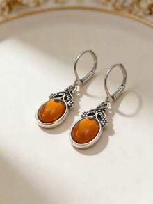 1 Pair Retro Bohemian Style Oval Carved Pendant Earrings, Suitable For Women's Daily, Party, Travel Jewelry Gift - Silver - View 4