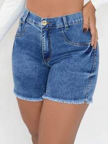 Short Jeans, Mid-Thigh Length, Frayed Hem, With Elastane, High Waist, Casual Jeans, Pocket, Button, Women's Clothing, Country Music Concert. - ĐÁ CẨM THẠCH - Xem 11