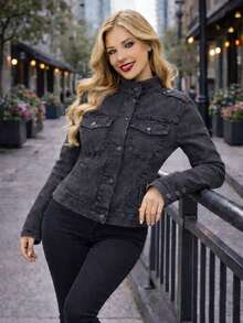 Chaqueta de Mezclilla Slim Fit Estilo Militar con Cuello Alto y Detalles de Charreteras - Denim Lavado Elástico MOD. MOA - Gris - Ver 2