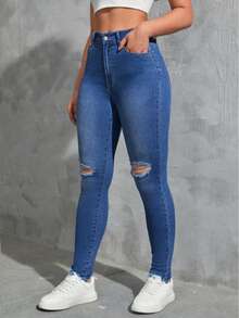 High Waist Skinny Jeans For Women Blue Distressed Knee Ripped Denim Trousers - 藍色 - 查看 3
