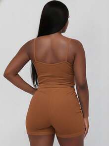 Curvy Rib Knit Camisole Crop Top And Shorts Two Piece Set Elegant Party Boho Style Plus Size Outfit - Downtown Brown - View 3
