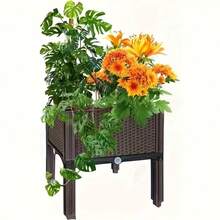 四合一高架种植箱,带排水系统,经典黑色编织塑料花盆,适用于各种天气,可用作阳台蔬菜种植箱、花盆、花园、草坪、户外栏杆种植箱,长方形种植箱,创意种植箱,非常适合种植花卉、蔬菜和香草 | 轻便易组装,多组件高架花坛设计 - 單聯箱(加厚) - 查看 7