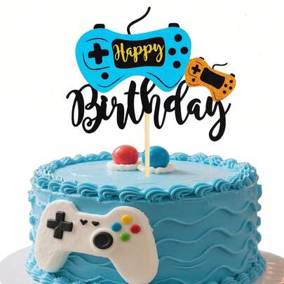 闪亮电子游戏主题生日蛋糕装饰插牌，游戏手柄造型，适合儿童、男孩、女孩、青少年和男性，游戏主题生日派对装饰用品，也适合婴儿派对、睡衣派对和游戏之夜，1个装