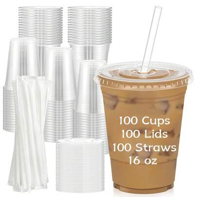TUMATICLY 300PCS Plastic Cup Coffee Cup Set, 16 Ounce/480ml (100PC Cups+100PC Lids+100PC Straws), With Straw And Lid, Transparent Coffee Cup, Suitable For Party Gathering, Wedding, Birthday, Commercial Use Cup