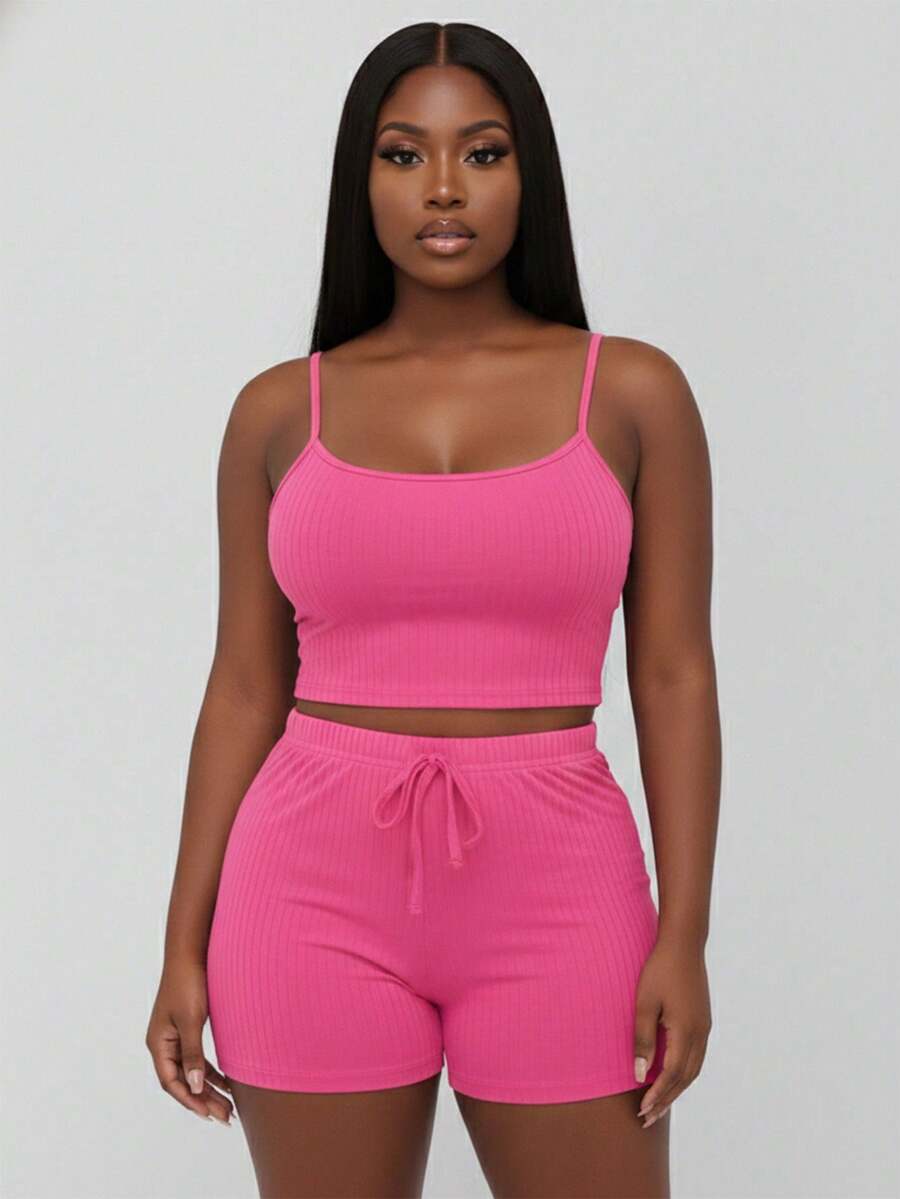 Curvy Rib Knit Camisole Crop Top And Shorts Two Piece Set Elegant Party Boho Style Plus Size Outfit - 莓果 - 查看 1