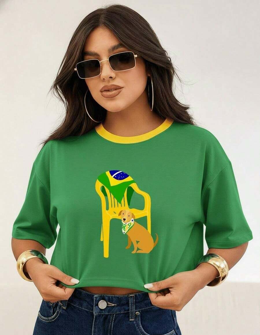 Women's Oversized Cropped Top With Flag Print, Brazil Style, Casual And Comfortable Look - 綠色 - 查看 1