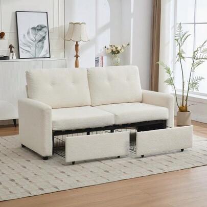 Ivory Colour 2-Seater Living Room Sofa, In Crepe Fabric, With Double Storage Drawer.