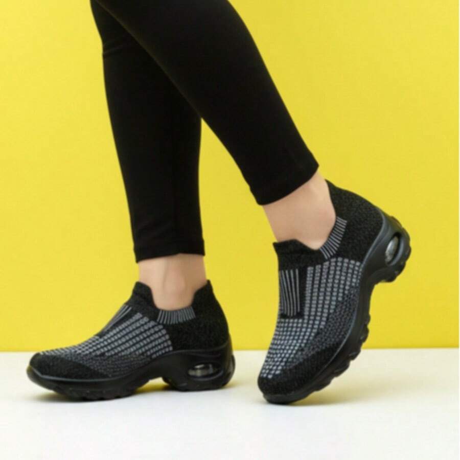 Damen Graue karierte gestreifte gepolsterte Lässig Sportschuhe, Strickstrumpfschuhe, Slip-On Tanzschuhe